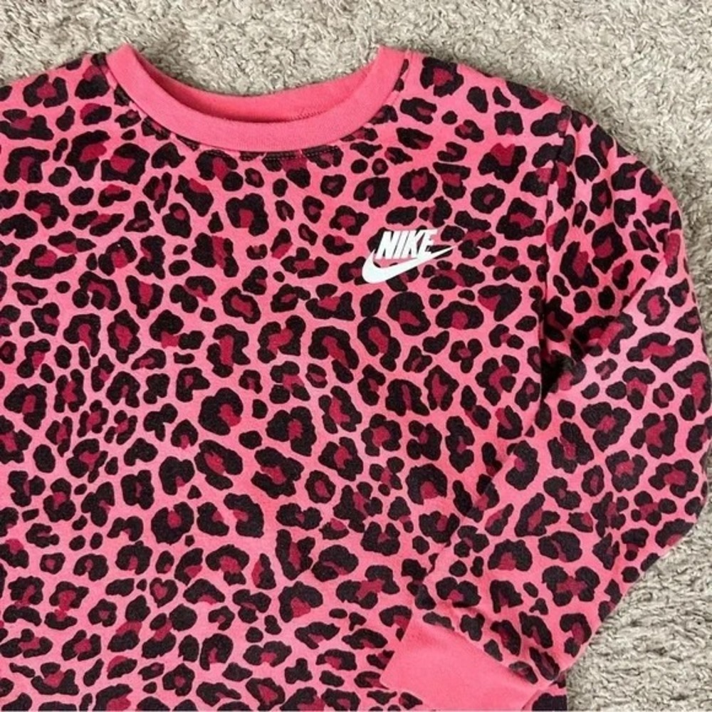 Nike I Kids Girls Pink‎ Black Leopard Print Crewneck Sweatshirt I Size M (6/8) - Picture 4 of 8